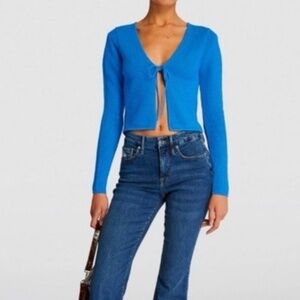 Twine and String Electric Blue Ribbed Front Tie‎ Top Large